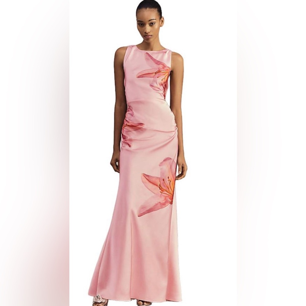BHLDN Pink Floral Satin Maxi Dress